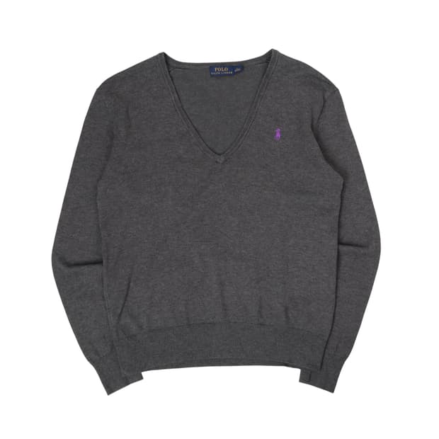 폴로 랄프로렌 우먼스 그레이 코튼 브이넥 니트