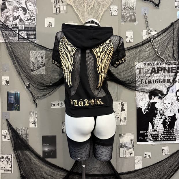 Gothic mesh wing lettering hood zip up