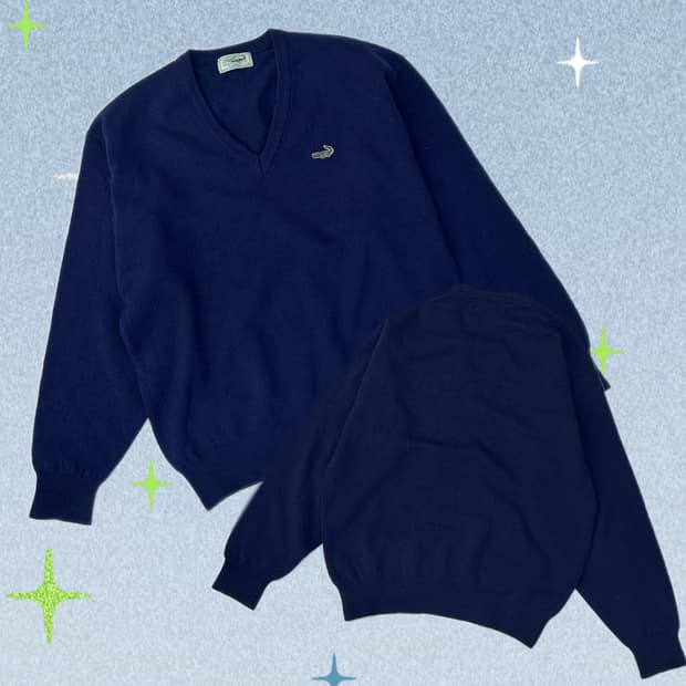 재팬 크로커다일 네이비 브이넥 핀터 니트 베이직 그런지 빈티지 루즈핏