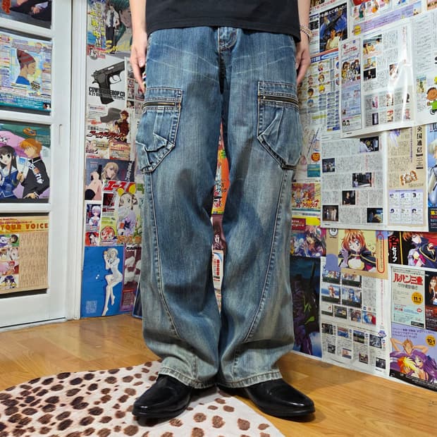 빈티지 Y2K 사이드 포켓 카펜터 와이드 데님 팬츠