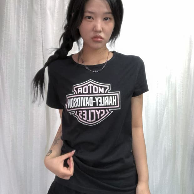 할리데이비슨 핑크 로고 프린팅 탑