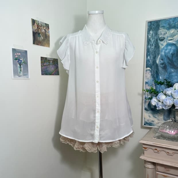 white collar flower embroidery shirring 