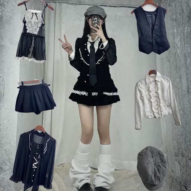 무채색 데일리 공겜여주 프레피 코디세트 