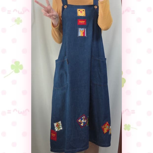 곰돌이 패치워크 데님 멜빵원피스