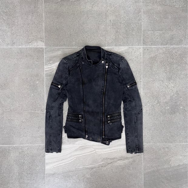 Washing black denim two way biker jacket