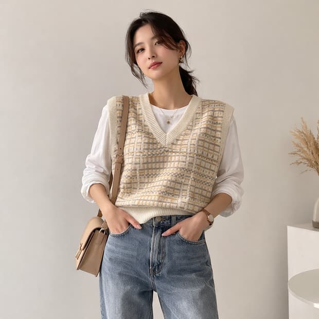 트위(TWEE) 체크 패턴 브이넥 니트 베스트