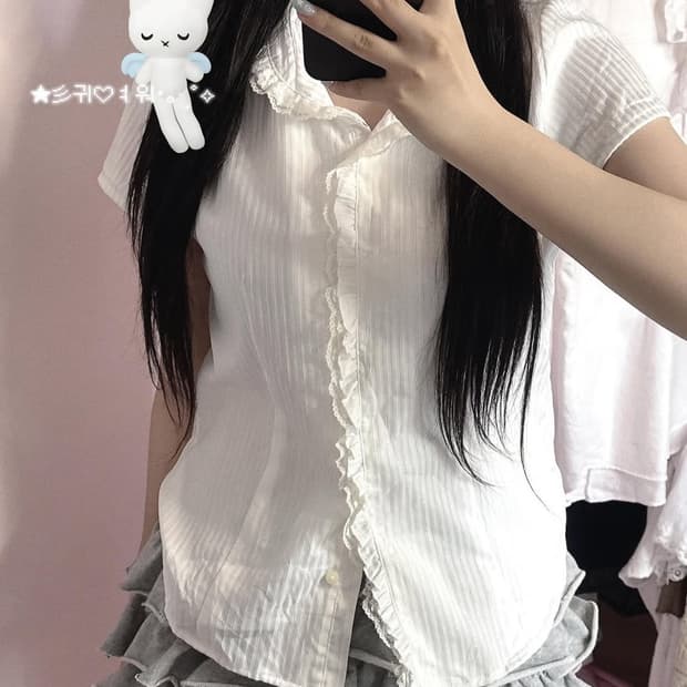 일본빈티지 핀터깔 로걀 실버 스트라이프 화이트 레이스 프릴 셔츠 블라우스