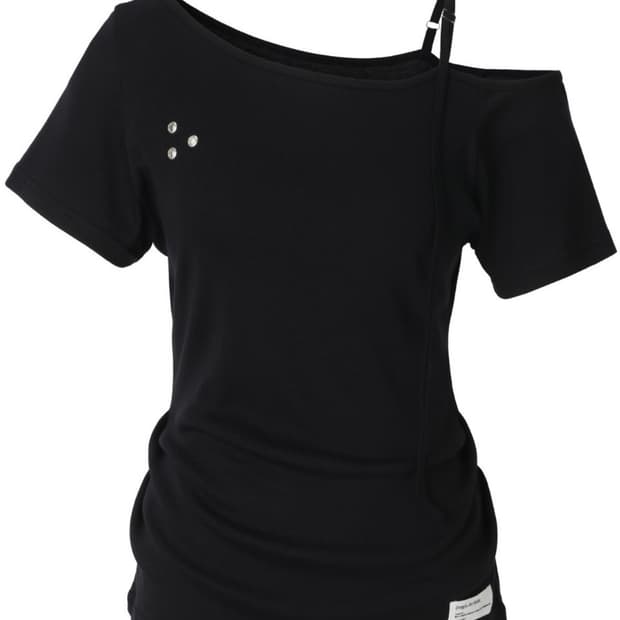 이네기 버클 스트랩 원숄더 탑 블랙 반팔 슬리브