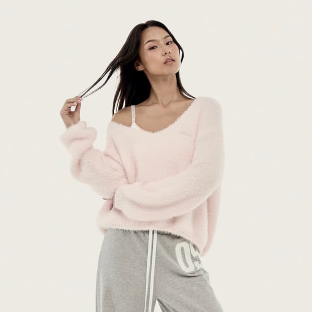 클리시어 샤벳 퍼리 리본 니트 핑크 쓰리타임즈 글로니 팔레트 슈가플럼