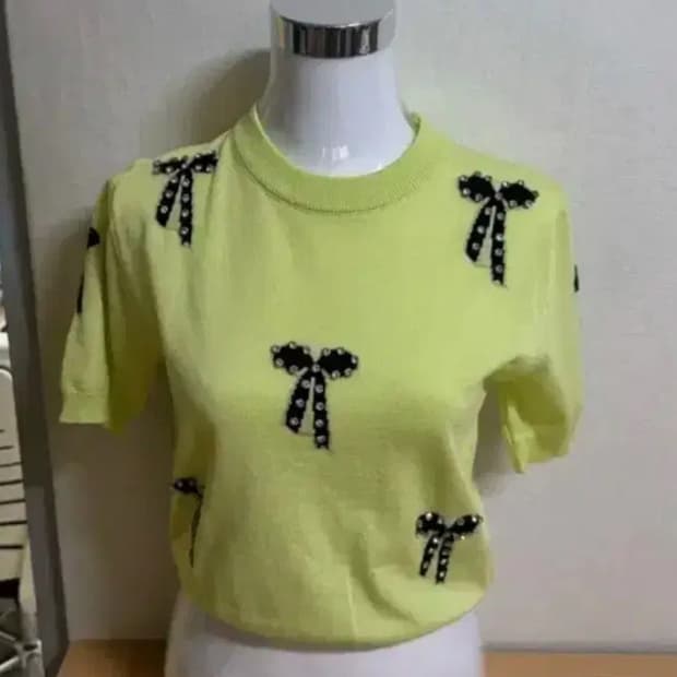 vtg 라임 컬러 리본 장식 니트 반팔