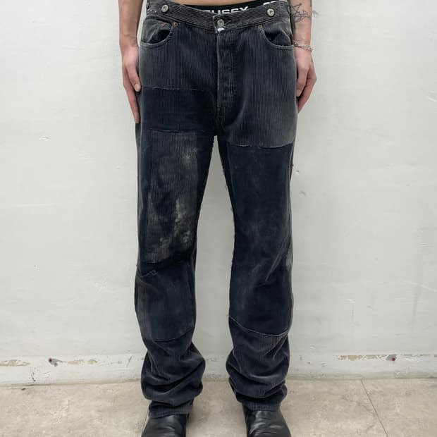 Patchwork washed corduroy navy pants 