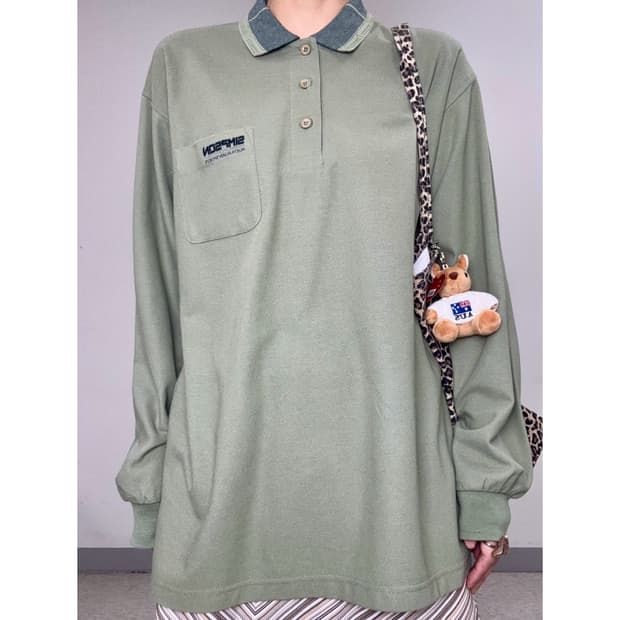 빈티지 올리브 폴로셔츠 롱슬리브