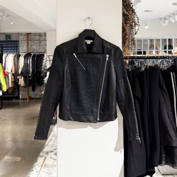 헬무트 랭 블랙 자카드 패널 바이커 레더 자켓