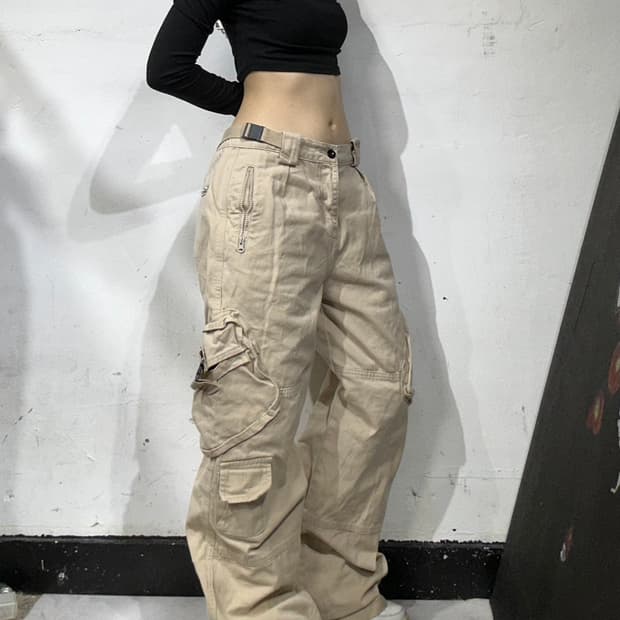 일본 빈티지 대대장 베이지 3d 멀티 포켓 유틸리티 카고 팬츠 바지 