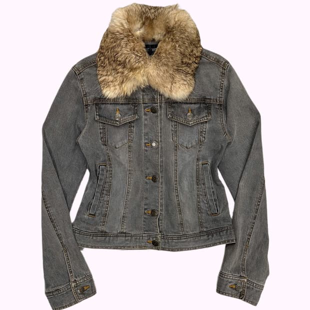 fur collar grey denim jacket