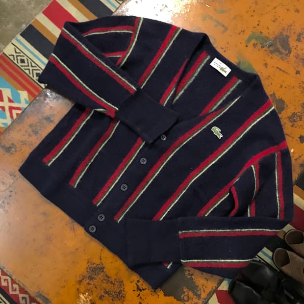 90s 라코스테 네이비 스트라이프 울 크롭 가디건 여성 55 사이즈 