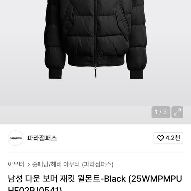 파라점퍼스 윌몬트 블랙 패딩 L