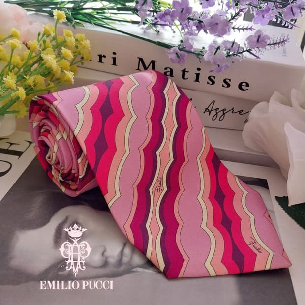 에밀리오 푸치 실크 핑크 웨이브 패턴 넥타이 9.5cm A등급 K1342