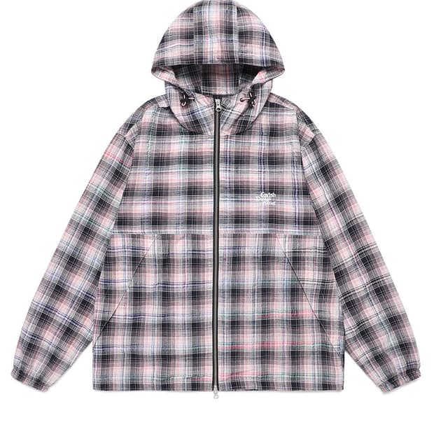HOODED CHECK WIND BREAKER PINK