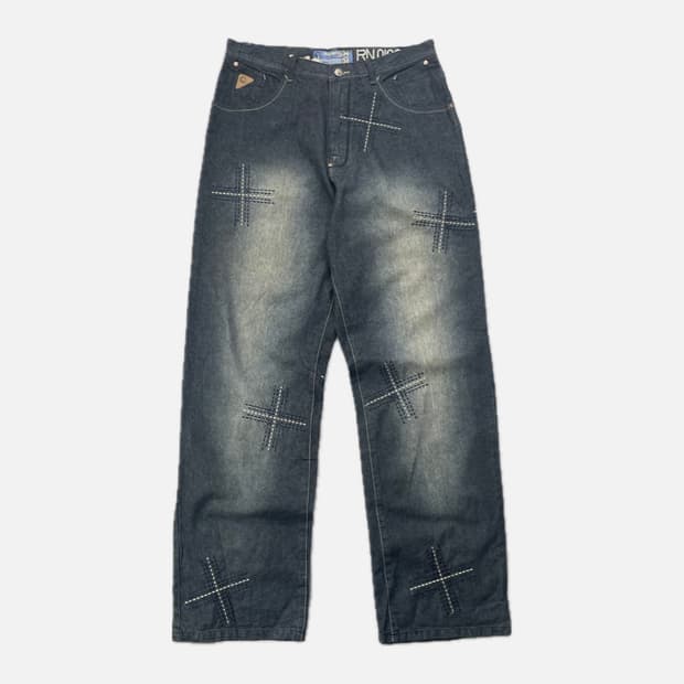 Akademiks cross embroid wide denim pant