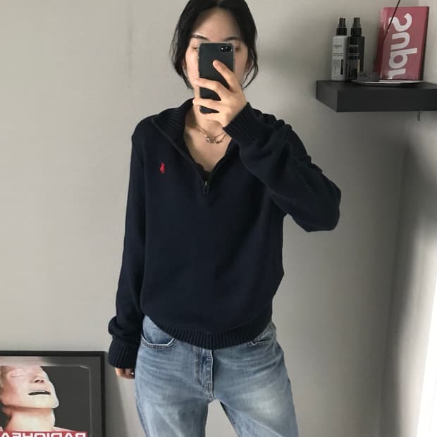 폴로 랄프로렌 신형택 포니로고 네이비 반집업 니트