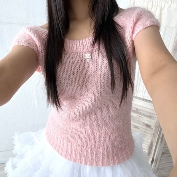 riipi 빈티지 꾸레쥬 couregges 핑크 반팔 니트 발레코어