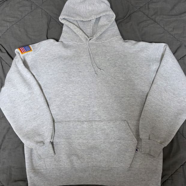 [XL] 90s 러셀 애슬레틱 아멘시칸 플래그 패치 라이트 그레이 후드티