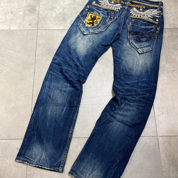 RED PEPPER 락펑크 천사 날개 자수 패치 와이드 데님