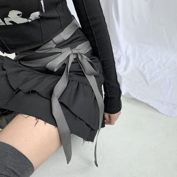 드라이로즈 롱 테이프 프릴 미니스커트 빈티지 깔