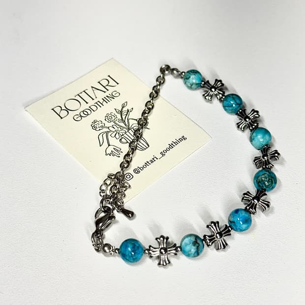 (핸드메이드) 천연석 터키석 써지컬 크롬십자가 원석팔찌