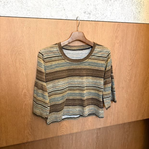 빈티지 코튼 7부 티셔츠 배색 스트라이프 패턴 라운드넥 디테일 브라운