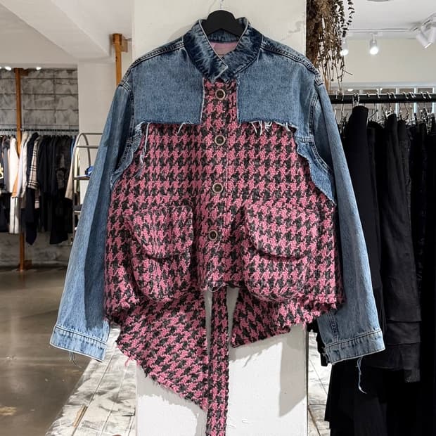 나타샤 진코 데님 하운드투스 트위드 비대칭 자켓