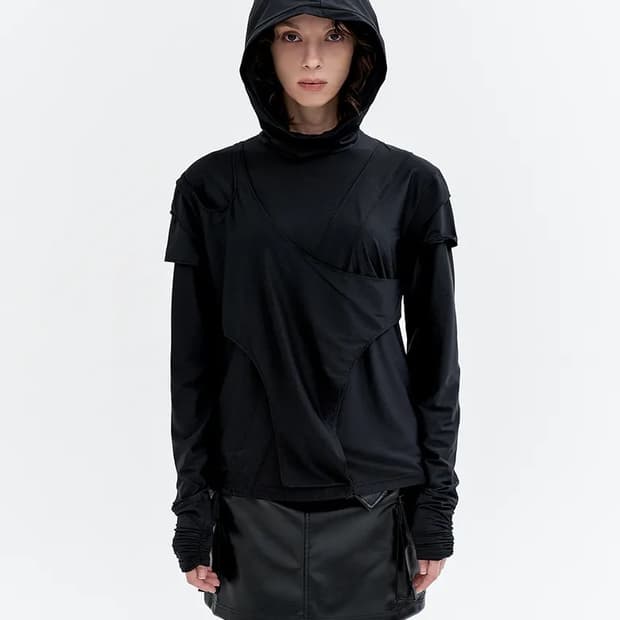 LEEY YEEL CUFFS SHIRRING LAYERED HOODED