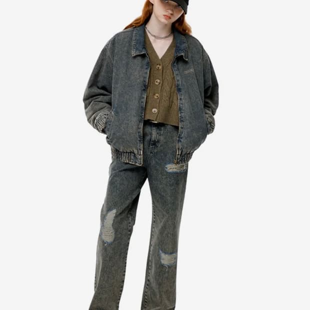 정가 19만원 러닝하이 바시티 로고 워시드 데님 점퍼 베이지