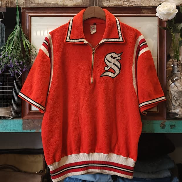 60s 테리원단 반팔 스웻셔츠 반집업 니트 카라티 L