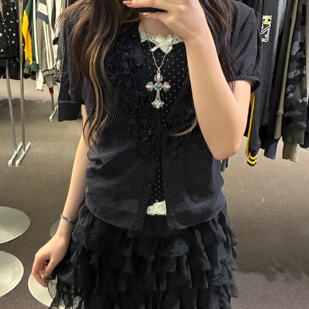 L)Japanese vintage 여성 도트무늬 프릴 시스루 블라우스