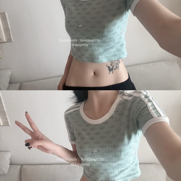 아디다스x디즈니 콜라보 스티치 민트코어 링거 크롭 반팔