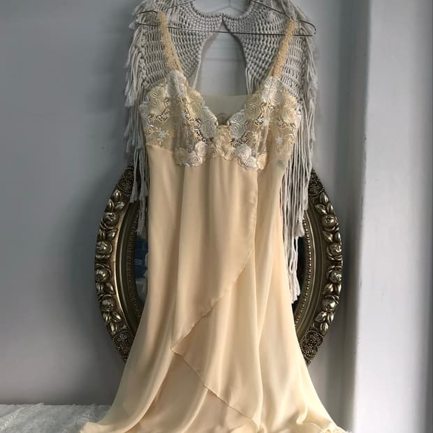 yellow frill draped rose lace slip dress