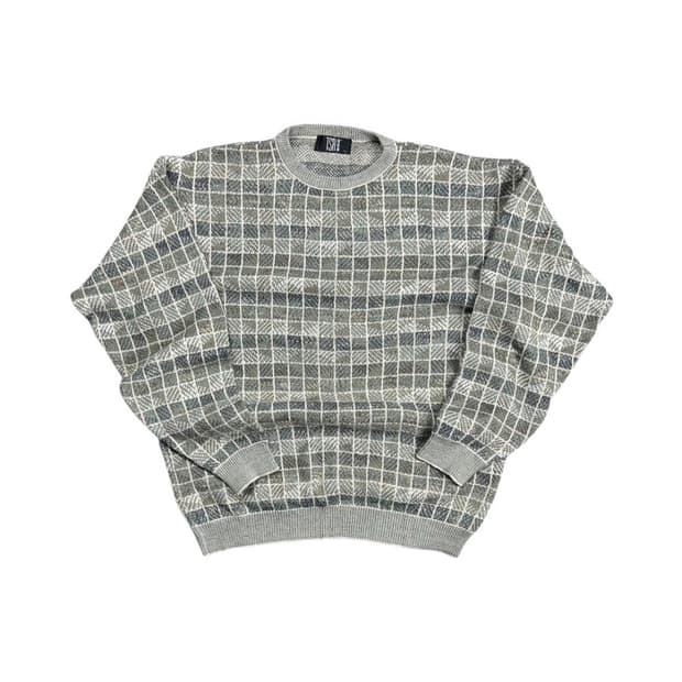 XL) 빈티지 USA 멀티그레이 체크 라운드 니트 스웨터 TK-029