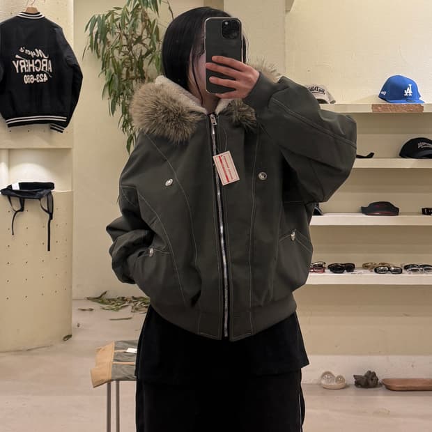 빈티지 카키 양털 라쿤 크롭 점퍼 U574