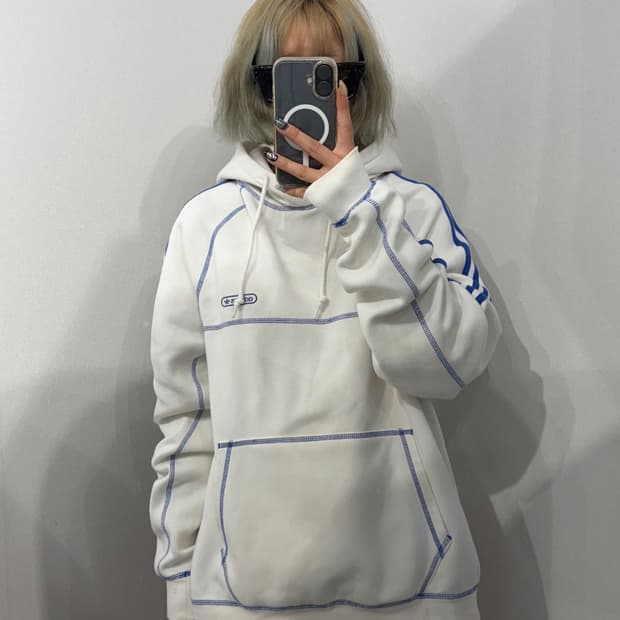 XL 아디다스 콘트라스트 스티치 후드티 화이트 블루
