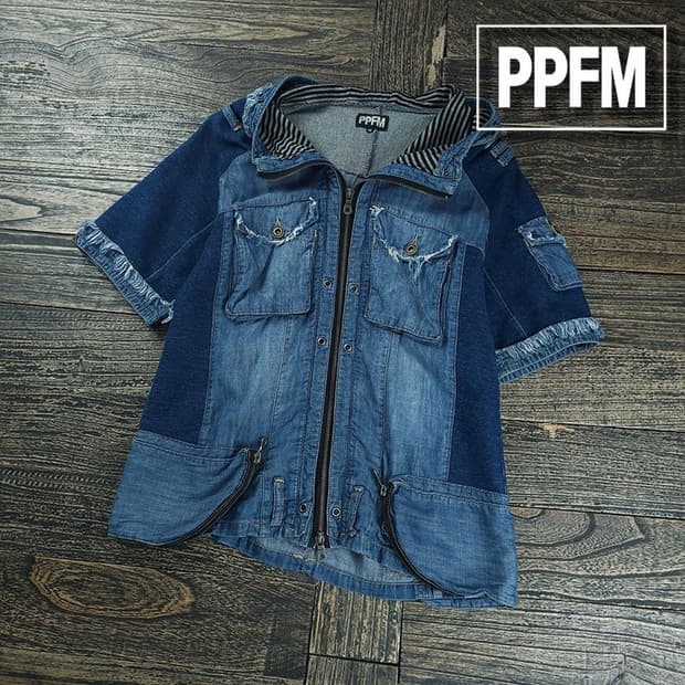 [PPFM] 빈티지 슬림핏 반팔 데님 후드 집업 자켓 M21955