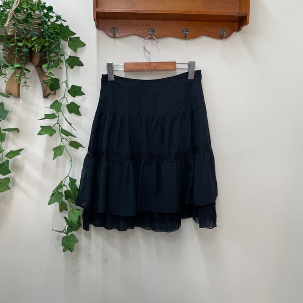 블랙 레이스 티어드 쉬폰 미디 스커트 블랙 로맨틱 쿠로펑크 🏠