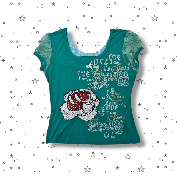 VTG 레이스 소매 스팽글 로즈 티셔츠