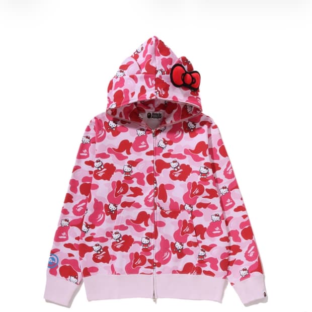 (W) 베이프 x 산리오 캐릭터즈 헬로 키티 카모 풀 집 후드 핑크 S