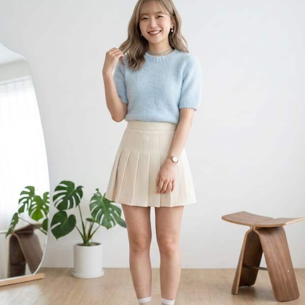 FAYEWOO 페이우 100% 앙고라 반팔 니트 스카이블루