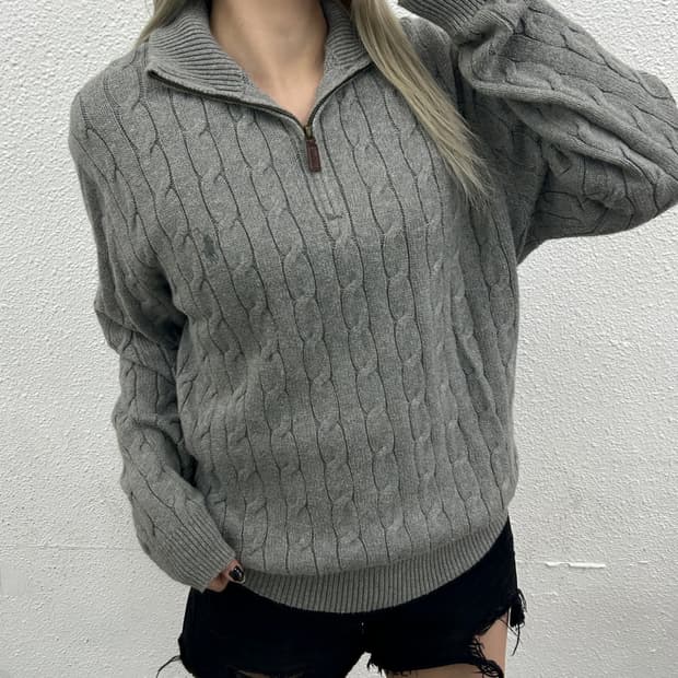 폴로 랄프로렌 그레이포니 그레이 꽈배기 반집업 니트 L