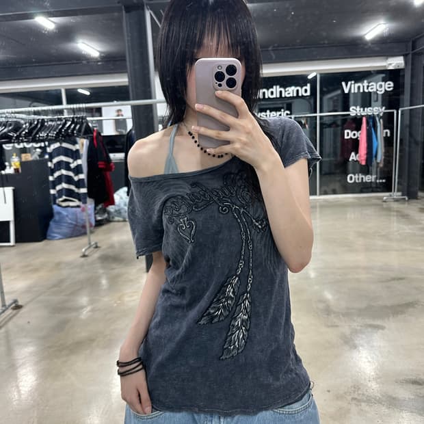 Buckaroo Y2K 다크 그레이 시스루 반팔티셔츠