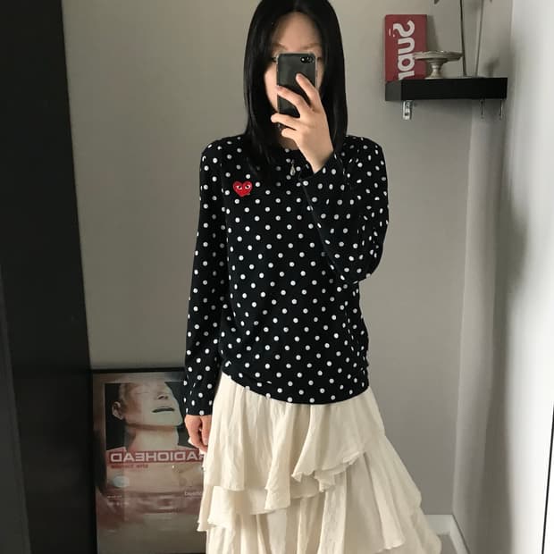 꼼데가르송 레드와펜 도트 블랙 긴팔 슬리브티