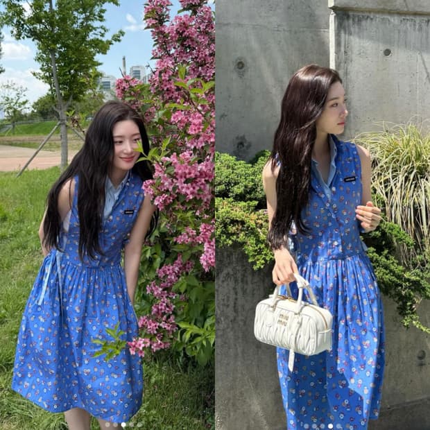 미우스타일 블루 포플린 사이드 타이 드레스